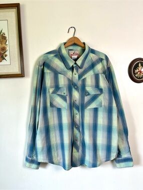 Vintage Single Stitch Pearl Snap Button Blue Plaid Western Rodeo Long Sleeve